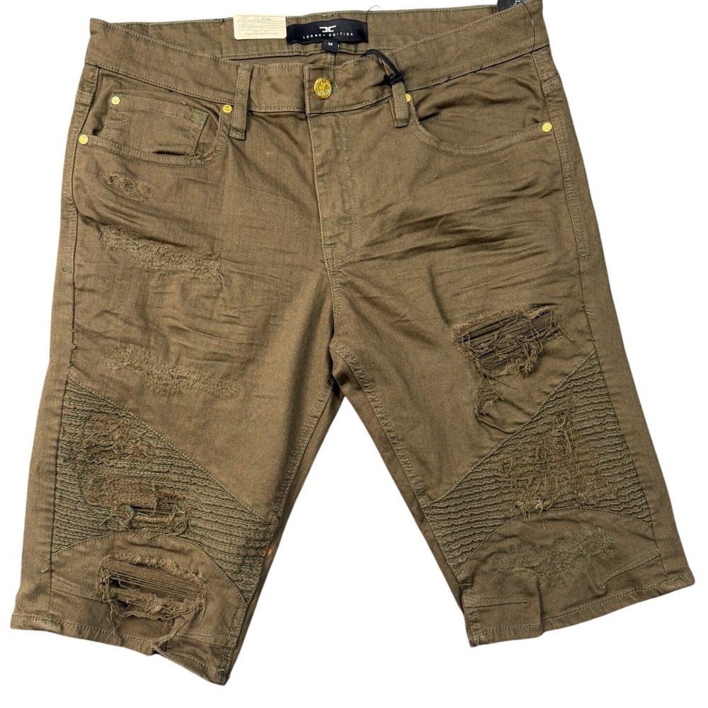 VTG Jordan Craig Army Green Distressed Moto Denim Shorts‎ Size 32 Hip Hop